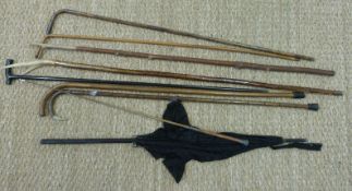 A group of walking sticks, including some with white metal mounts,