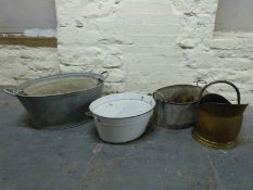 Galvanised and enamel tin baths, buckets,