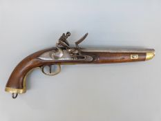 French 14 bore flintlock hammer action Dragoon pistol with lock plate stamped with crown over QN