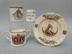Two Victoria 1887 Golden Jubilee mugs and a similar plate,