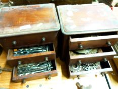 Two three drawer units and contents including drills and horizontal milling cutters