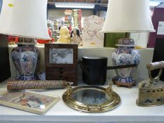 A collection of brass & wood to include a turned wood collar box, lacquer pourer,