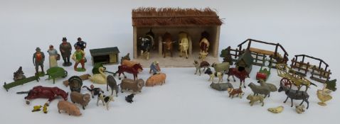 Over 60 John Hill & Co Johillco and Britains lead farm animals, figures, buildings and accessories.