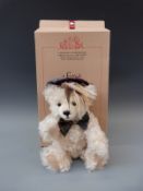 Steiff Scottish Teddy bear 2001 with white mohair, tartan hat and bow tie and jointed limbs,