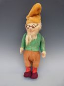 Schuco Yes No Gnome with felt outfit, mohair beard and hat and metal glasses, 36cm tall.