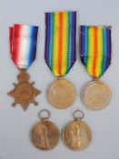 Five WWI medals named to the following; T18216 W02 class 2 L.Durk Victory medal, 613135 Pte G.H.