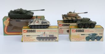Four Corgi Toys diecast model military vehicles PzKpfw Tiger MkI 900, Chieftain Tank 903,