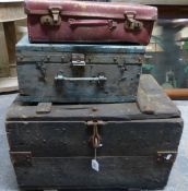 Wooden boxes including metal bound strongbox and a leather case