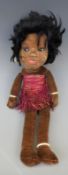 Nora Wellings Island Girl velveteen doll with brown glass eyes, black hair and straw dress,