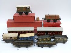 Fifteen Hornby 0 gauge carriages and wagons including two LMS coaches, LMS Breakdown Van and Crane,