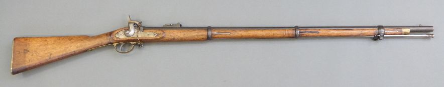 Enfield 3-band percussion hammer action rifle with lock stamped 1859 Enfield and with crown over VR