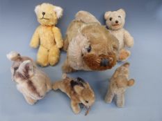 Six vintage soft toys including two rabbits