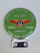 A Bentley Drivers' Club Golden Jubilee 1950-2000 car badge, height 9.