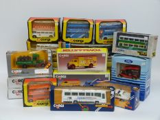 Sixteen Corgi diecast model cars and commercial vehicles including The Italian Job Special Edition