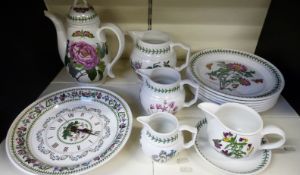 A collection of Portmeirion Botanic Garden ceramics including clock, coffee pot, six dinner plates,