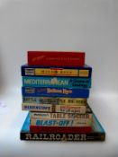 Ten Waddington's and Parker board games comprising Railroader, 2-Cars, Blast-Off, Table Soccer,
