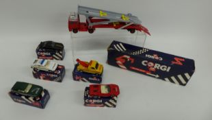 Six Corgi diecast model vehicles comprising Volvo Car Transporter, Porsche 911 Turbo,