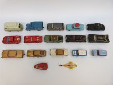 Seventeen Corgi Toys diecast model vehicles including James Bond 007 Aston Martin, Mini Coopers,