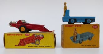 Two Dinky Toys diecast model vehicles Massey-Harris Manure Spreader 321, and BEV Electric Truck 400,