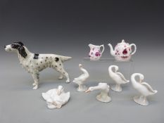 Goebel large setter dog, four Lladro ducks, a Nao duck,