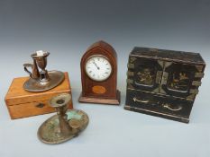 A pair of plated chamber sticks, Japanese lacquer box,