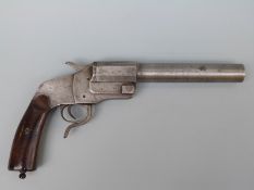 German WWI Hebel flare pistol with two part mahogany grip, push forward underlever,