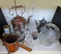 A quantity of silver plate including cruet, a carriage clock, cut glass, copper shoe,