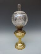 A Hinks No1 brass oil lamp with etched glass shade