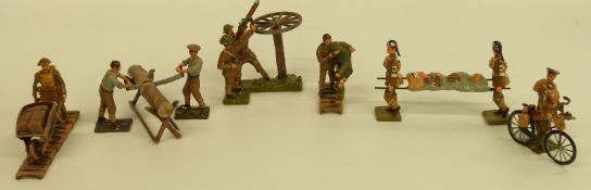 Six Tommy Atkins diecast soldier diorama sets comprising soldier pushing a bike,