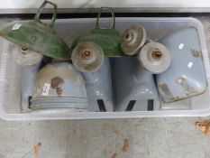 A quantity of industrial style enamel lamps including Benjamin examples