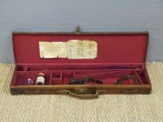 E M Reilly & Co brown leather double barrelled side by side gun case with brass lock, carry handle,