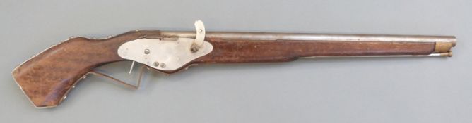 18 bore matchlock gun of crude design with steel lock, trigger guard and butt plate,