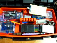 A tool box and contents to include model making screwdrivers, spanners,