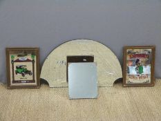 An Art Deco style glass mirror and a quantity of advertising mirrors etc