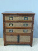 A Chinese hardwood chest of three drawers with rattan fronts and cabinet under (H100 x W90 x D56cm)