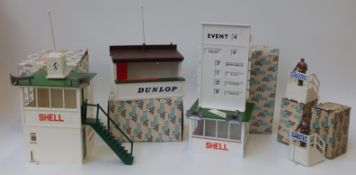 Five Tri-ang Scalextric model motor racing buildings and accessories comprising Event Board and Hut