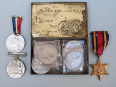 WWII Burma Star and Defence Medal with five commemorative coins and South African Christmas tin etc
