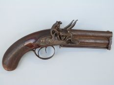 Samuel Staudenmayer of London double barrelled over and under flintlock hammer action pistol with