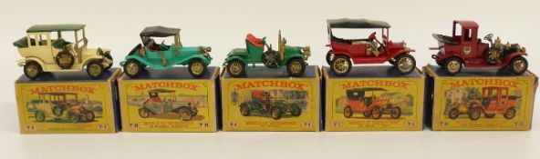 Five Matchbox Models of Yesteryear diecast model cars Y-1, Y-2, Y-3, Y-11 and Y-14,