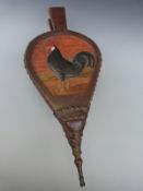 A pair of Arts & Crafts oak bellows carved with a cockerel