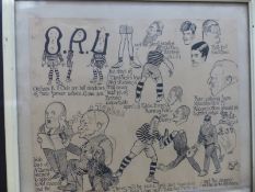 A framed c1930's humorous 'Oldham Rugby Union' pen and ink drawing,