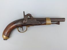 French percussion hammer action Dragoon type pistol with brass trigger guard, butt plate and mounts,