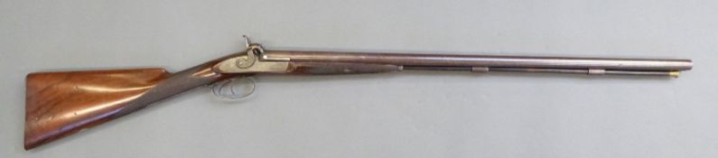 J Hill of London 15 bore side by side percussion hammer action gun with engraved locks,