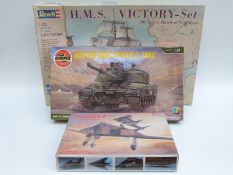 Three Airfix, Revell and Academy model kits HMS Victory Set, British Challenger II Tank,