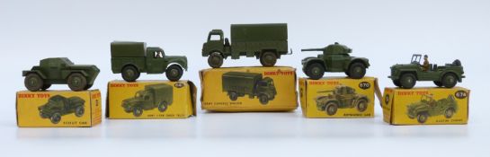 Five Dinky Toys diecast model military vehicles Army Covered Wagon 623, Army 1 ton Cargo Truck 641,