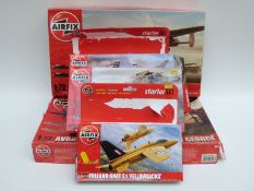 Five Airfix 1:72 scale model aeroplane kits including two Avro Lancaster sets, two Harriers etc,