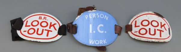 Three railway enamel armbands comprising BR look out,