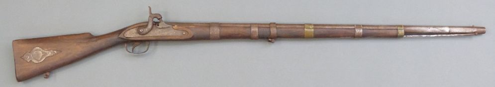 Enfield pattern percussion hammer action gun with steel and brass barrel bands, steel ram-rod,