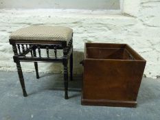 A wooden coal/log box (H40 x 42 x 42cm) with metal lift out liner and a Victorian stool