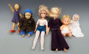 Six dolls, including two Sindy dolls, bisque jointed baby marked 'ABW',